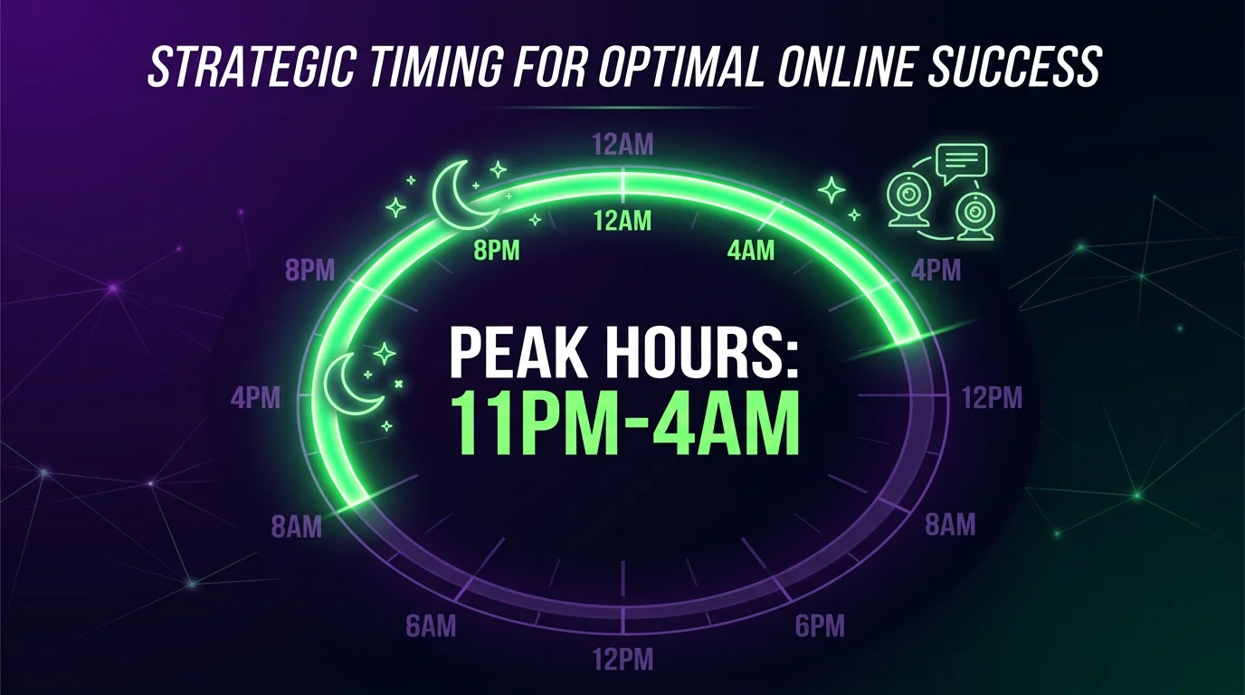 Best peak hours for cam2cam success 11pm to 4am local time when girls are horny and active on adult chat platforms 2026