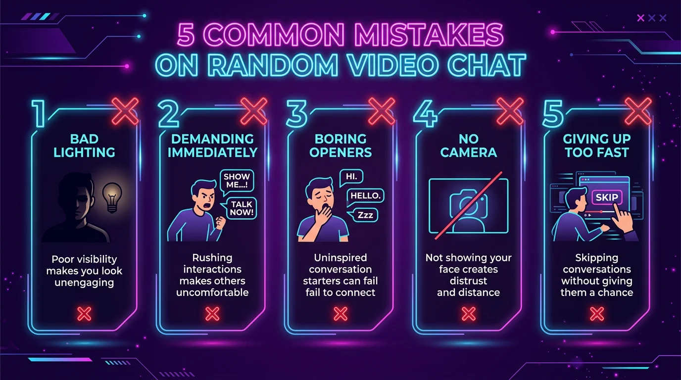 5 biggest mistakes on random video chat 2026 bad lighting demanding immediately boring openers no camera giving up