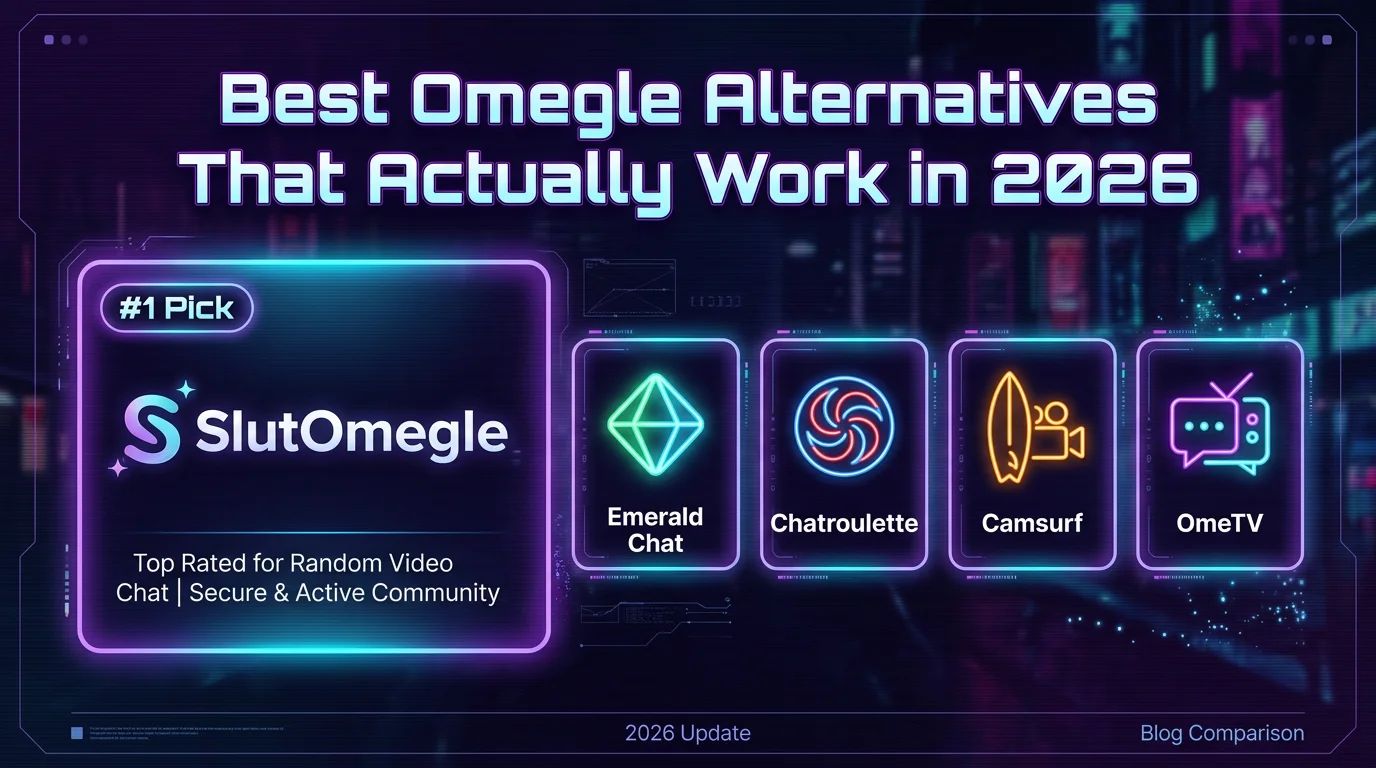 Best Omegle alternatives comparison 2026 featuring SlutOmegle Emerald Chat Chatroulette Camsurf and OmeTV hero banner