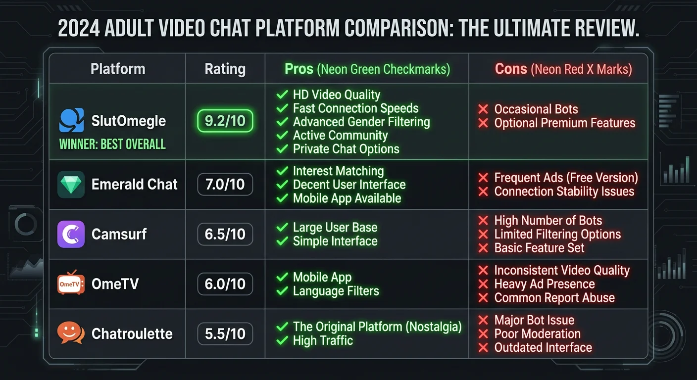 Pros and cons comparison SlutOmegle 9.2/10 winner vs Emerald Chat Chatroulette Camsurf OmeTV ratings 2026